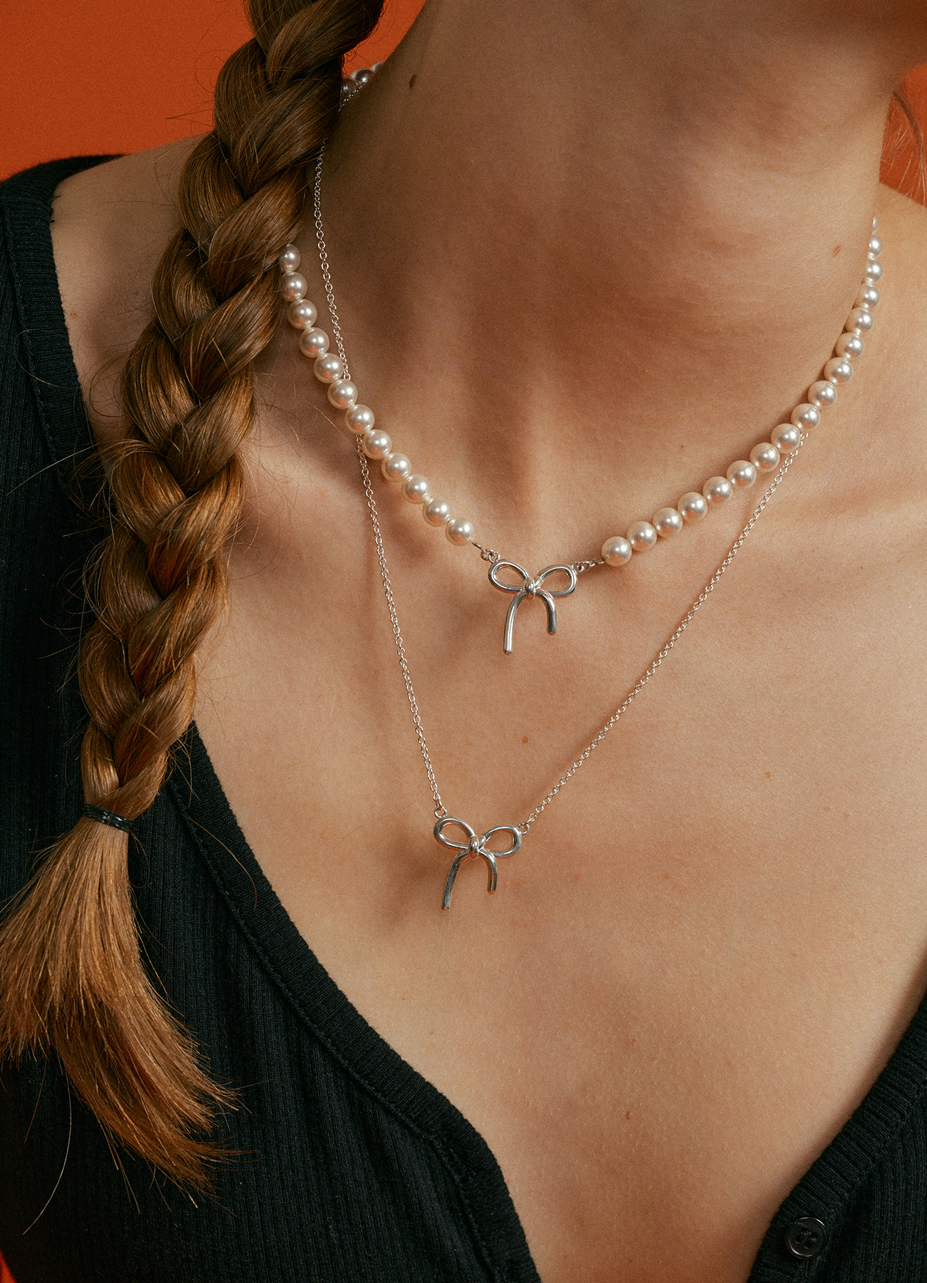Beau silver ribbon &amp; pearl Necklace[2style]